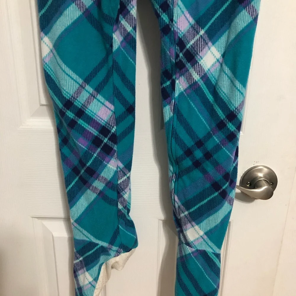 SO brand ONE PIECE zip up teal‎ blue plaid pajama girls size 7/8 with feet